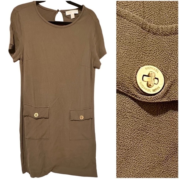 Michael Kors Avocado Green Shift Dress Gold Hardware Signature Pocket Closure M - Picture 1 of 15